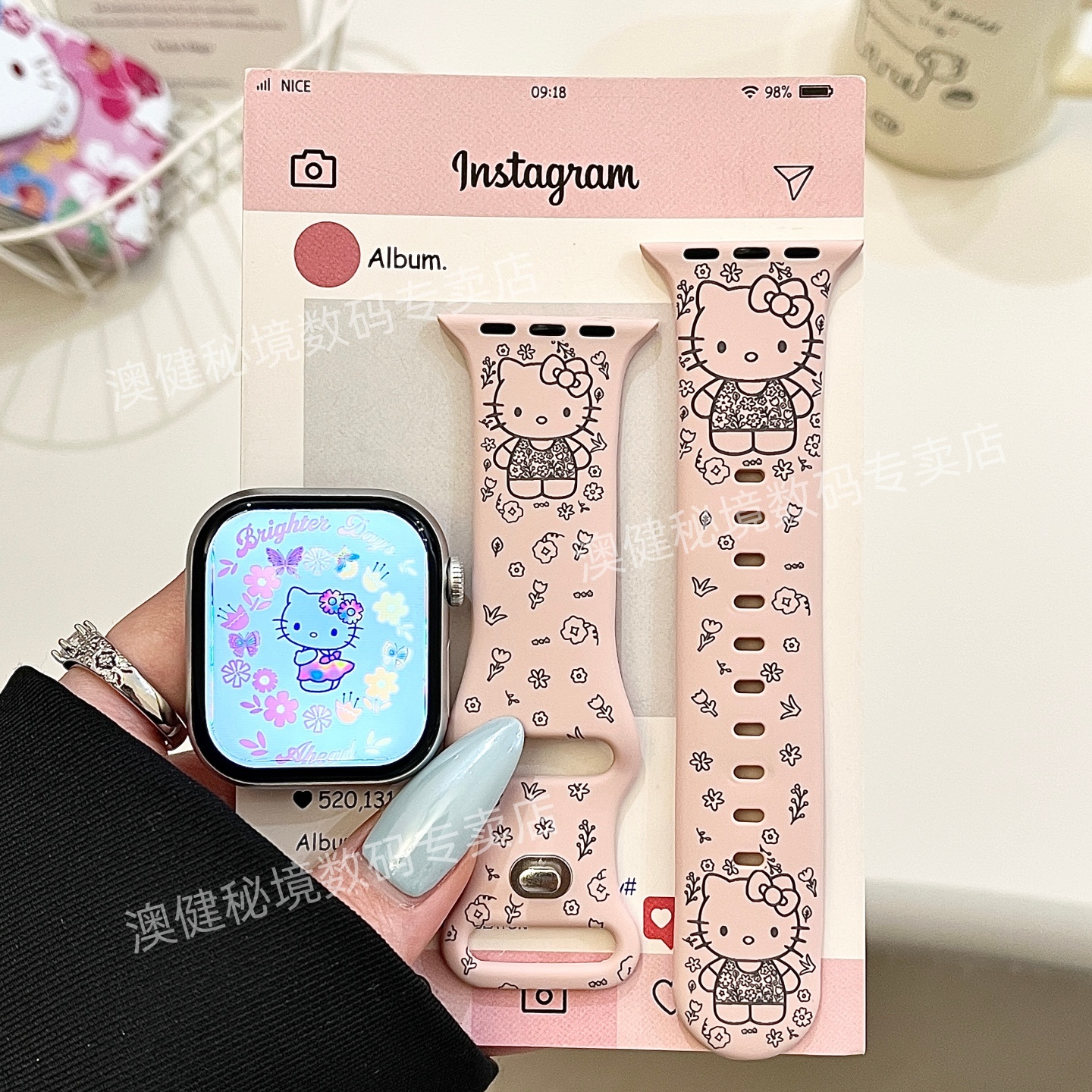 繁花猫咪适用iwatch苹果applewatchS12/11/10手表表带SE硅胶S9/8